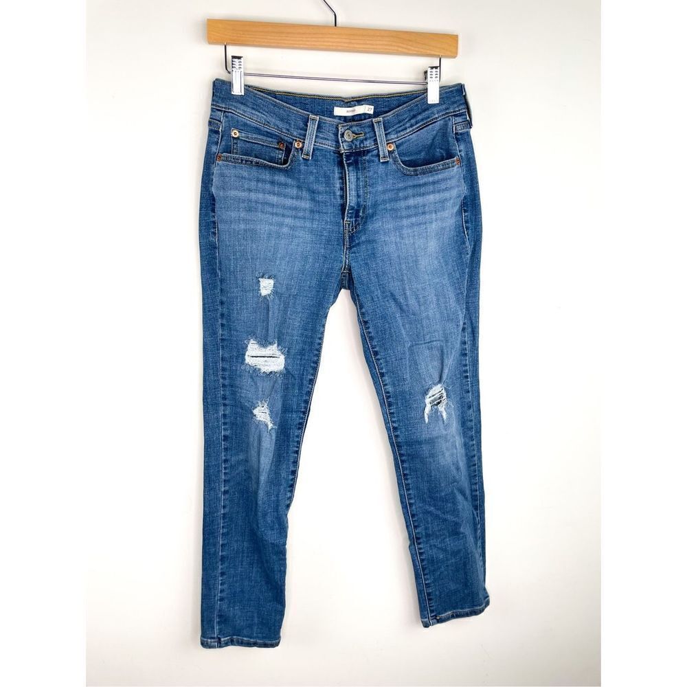 Levi’s Jeans Womens 27 Boyfriend Mid Rise Medium Wash Stretch‎ Distressed Blue